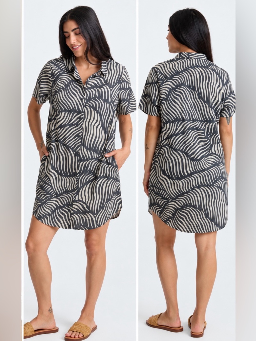 Roark Gray and Cream Zebra-Print Breathable Short Sleeve Shirt Dress